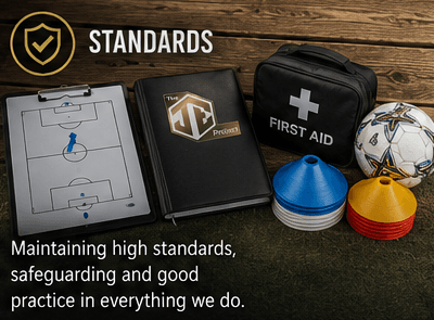 Elite Alliance standards graphic showing first aid, planning and football equipment