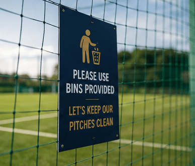 Please use bins provided sign on a pitch fence