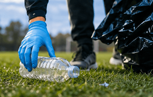 A gloved hand picking up a plastic bottle from the pitch