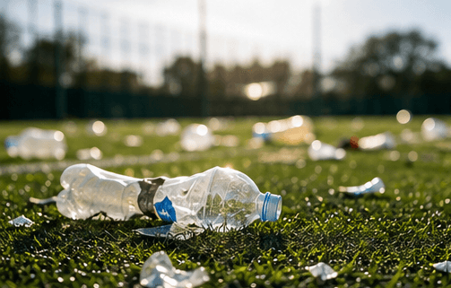 Plastic bottles left on a grass football pitch