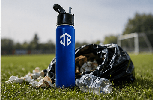 Reusable bottle and collected rubbish beside a football pitch